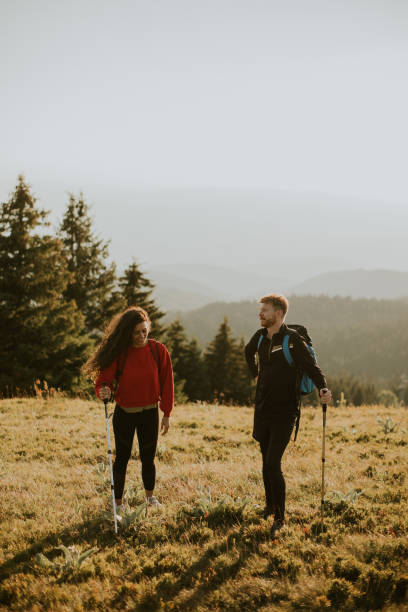 istock Smiling couple walking with backpacks over green hills 1490735266