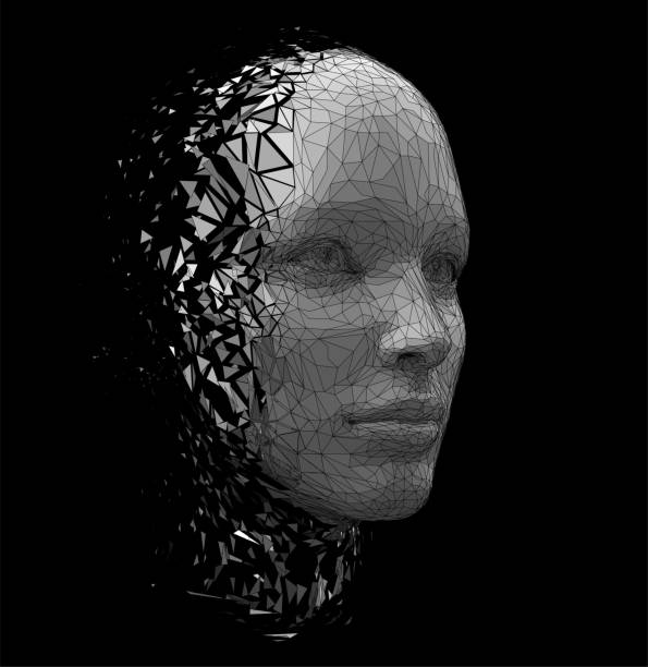 istock Vector polygonal illustration of a humanoid robot girl head disintegrate 1490736984