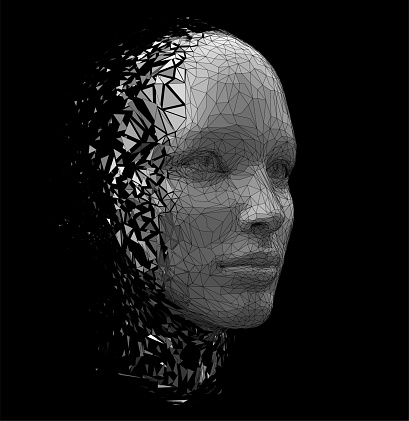 Artificial intelligence taking human form. Human form disintegrating