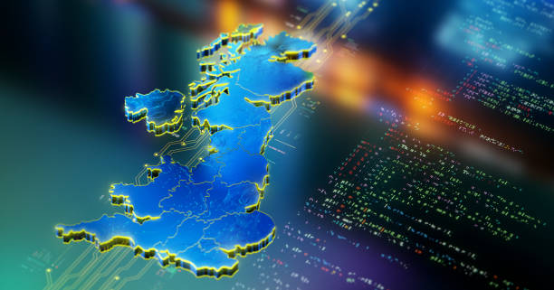 Modern map of UK representing leadership in technologies and fintech sector stock photo