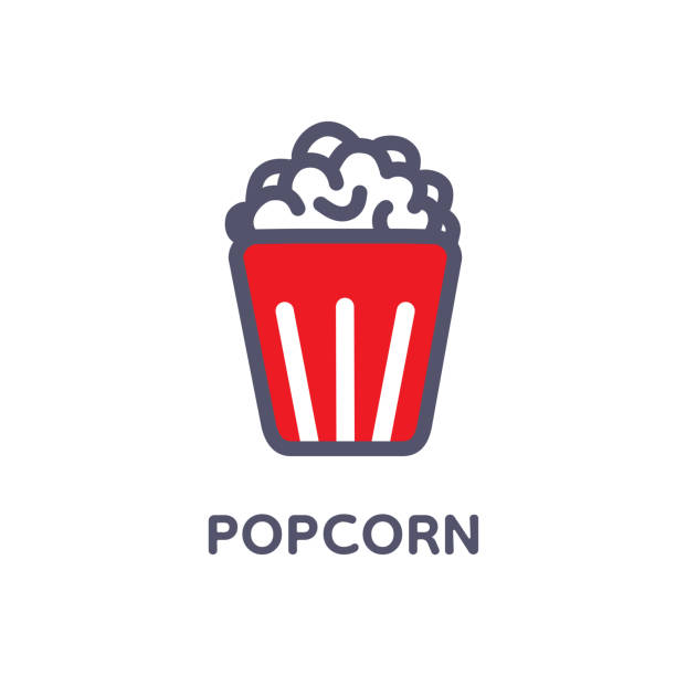 ilustrações de stock, clip art, desenhos animados e ícones de popcorn line icon with text. popcorn, bucket, box.  vector illustration isolated on white background. food, snack. - lunch box lunch bucket box