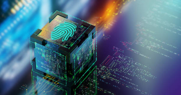 istock Biometric fingerprint authentication. Biometric safety concept. Modern futuristic technology background. 3D render 1490739863