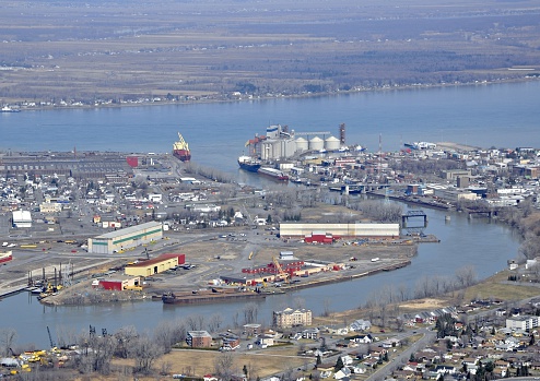 harbor and industrial area of Sorel-Tracy, Quebec, aerial view Spring