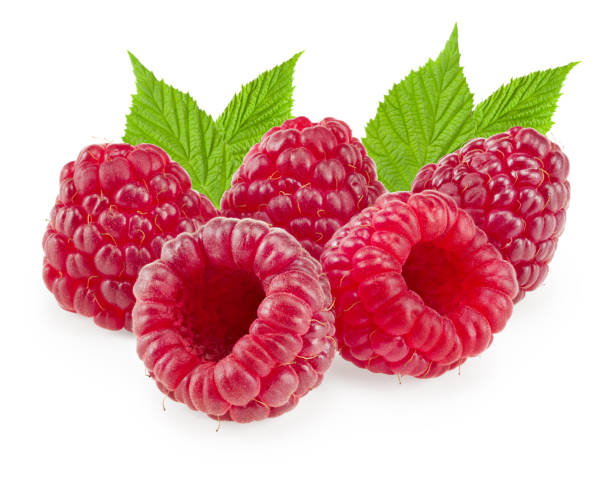 istock ripe raspberries with green leaf isolated on white background macro. clipping path 1490739956