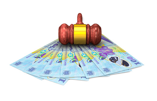 Judge gavel and stack of Romanian Lei bills