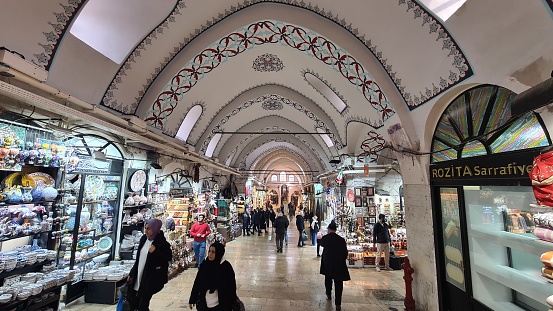Istanbul, Türkiye – January 12, 2023: Interior of Kapali Carsi, Grand Bazaar of Istanbul.