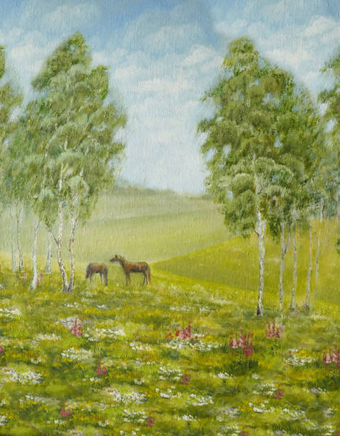 istock Horses on a field oil painting impressionism modern. 1490742301