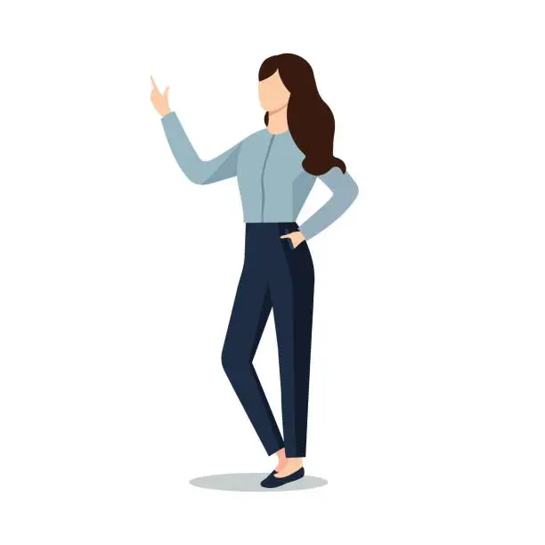 Vector illustration of Vector illustration young woman pointing showing with her hand. People in business technology education learning concept. Design element for app development websites landing page