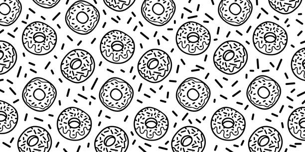 illustrazioni stock, clip art, cartoni animati e icone di tendenza di sfondo dolce con illustrazione di ciambelle. modello di sfondo vettoriale ciambelle del fumetto. - donut cupcake meal backdrop