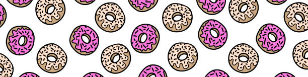 illustrazioni stock, clip art, cartoni animati e icone di tendenza di sfondo dolce con illustrazione di ciambelle. modello di sfondo vettoriale ciambelle del fumetto. - donut cupcake meal backdrop
