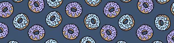 illustrazioni stock, clip art, cartoni animati e icone di tendenza di sfondo dolce con illustrazione di ciambelle. modello di sfondo vettoriale ciambelle del fumetto. - donut cupcake meal backdrop