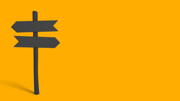 istock Black signpost with two left and right arrows on yellow background. 3D rendered mockup. 1490745851