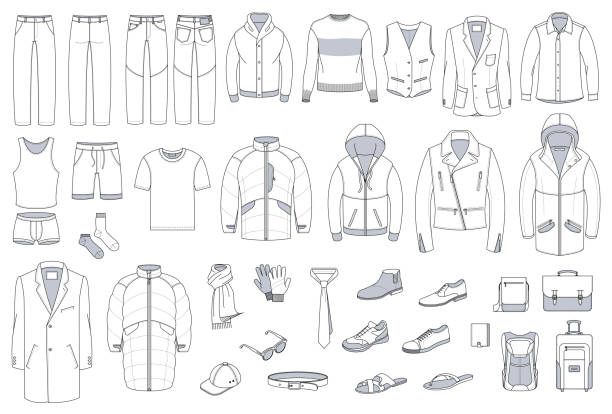 Clothing and accessories. Set of men clothing and accessories. Fashion and style design element and icon set. Technical drswing thin line vlack and white vector collection. mens clothing stock illustrations