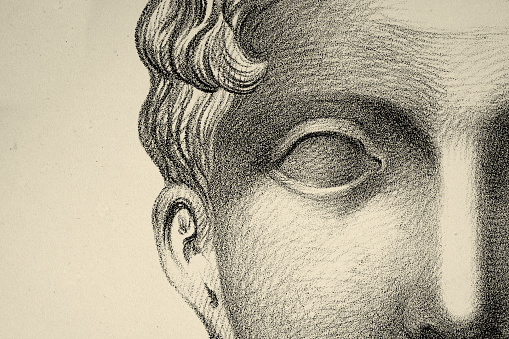 Vintage illustration Close up detail of the human face, blank eye, vision, blindness, 19th Century