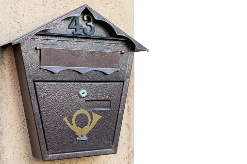 Close-up of a traditional mailbox. Place for text and copy space. Vintage post box, postal office, mailbox and mail delivery concept