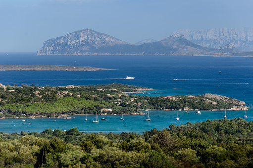 Indulge in the breathtaking beauty of Sardinia's picturesque seacoast captured in this stunning iStock photo. The scene unfolds like a masterpiece of nature, with a wide-angle view that invites you to immerse yourself in its splendor.\n\nIn the foreground, lush green vegetation creates a vibrant frame, adding depth and a sense of tranquility to the composition. The crystal-clear blue waters of the Mediterranean glisten under the warm sunlight, inviting you to embark on an adventure or simply bask in the serenity of the moment.\n\nLuxury yachts and boats gracefully navigate the coastal waters, adding a touch of elegance and sophistication to the scene. Their presence hints at the allure and opulence that Sardinia's coastal regions have to offer, from exclusive marinas to hidden coves waiting to be explored.\n\nAs your gaze extends towards the horizon, rolling hills emerge, seemingly painted in shades of green, dotted with charming villas and rustic buildings. They create a harmonious backdrop, seamlessly blending the allure of nature with the timeless charm of human habitation.\n\nIn this captivating coastal symphony, Sardinia's seacoast presents a captivating blend of natural beauty, coastal luxury, and Mediterranean charm. It beckons you to escape the ordinary and immerse yourself in a world where land and sea merge in a breathtaking display of serenity and splendor.
