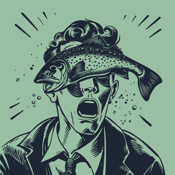 retro cartoon illustration of a man getting a fish slapped in his face