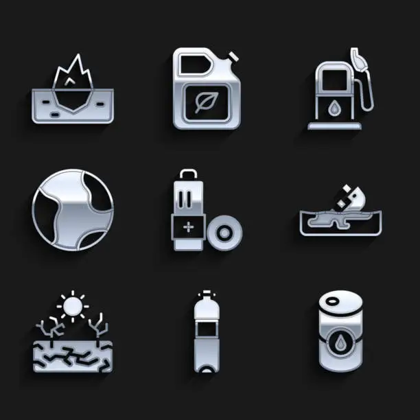 Vector illustration of Set Battery, Bottle of water, Barrel oil, Wrecked tanker ship, Drought, Earth globe, Petrol or gas station and Iceberg icon. Vector