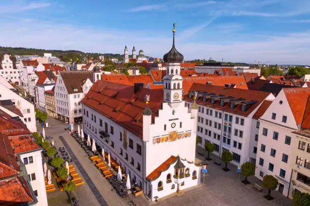 Old town of Kempten (Allgau, Bavaria, Germany) with a beautiful town hall on sunny spring morning