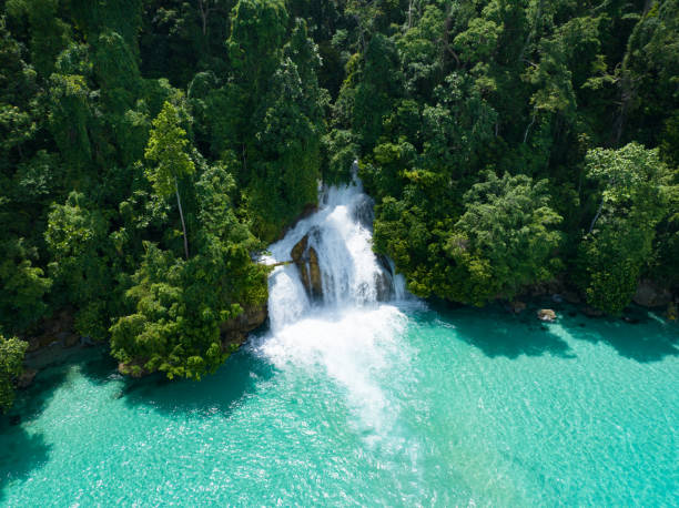 istock Aerial View of Scenic Tropical Waterfall 1490752950