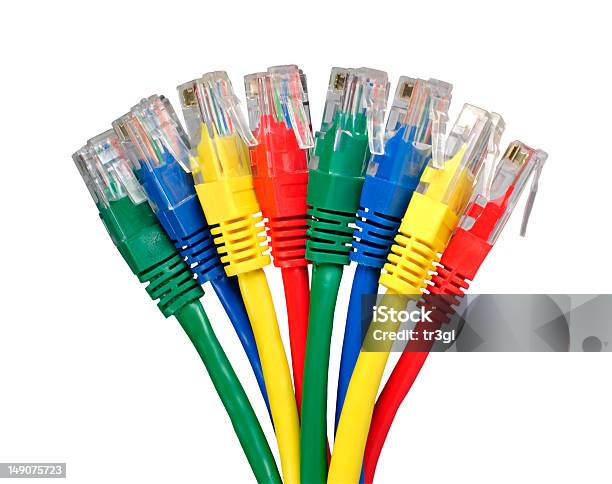 Bunch Of Multi Colored Ethernet Network Plugs On White Background Stock Photo - Download Image Now