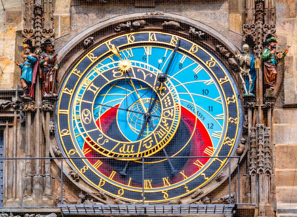 Prague astronomical clock (Orloj) on City Hall tower, Czech Republic