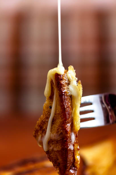 Croutons with condensed milk. Homemade food. Toast bread