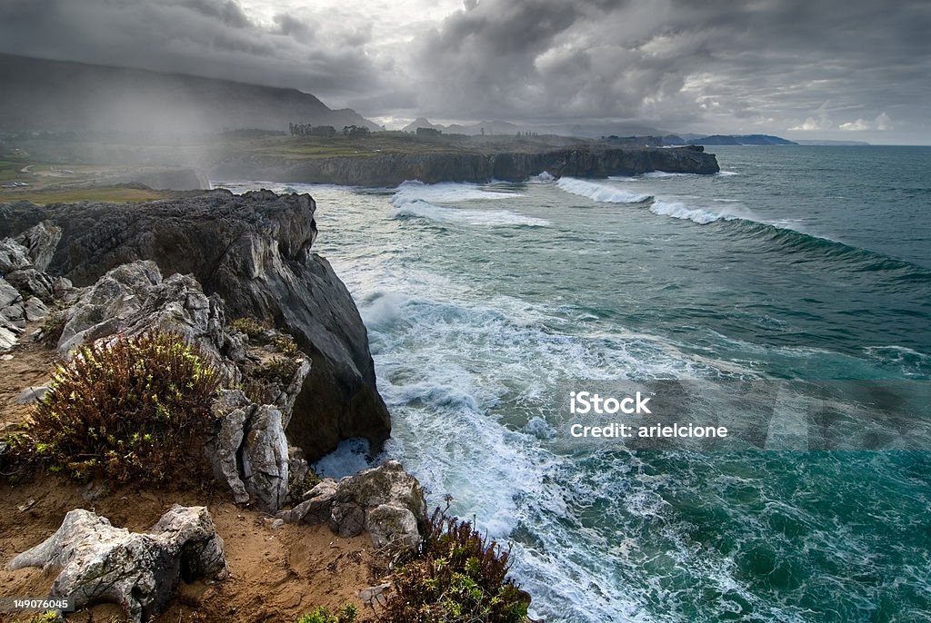 Sea force Waves hiting the cliffs in Asturias, Spain. Asturias Stock Photo