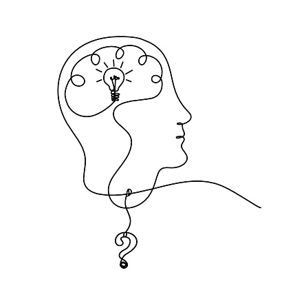 Man silhouette brain and question mark as line drawing on white background