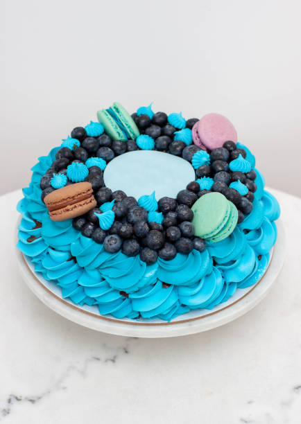 istock Meringue blue colored Pavlova cake with whipped cream and fresh blueberries. Plain grey background, copy space for text or inscription. 1490762724
