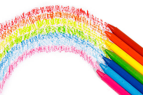 istock Crayon drawing of colorful rainbow on white paper 149076390