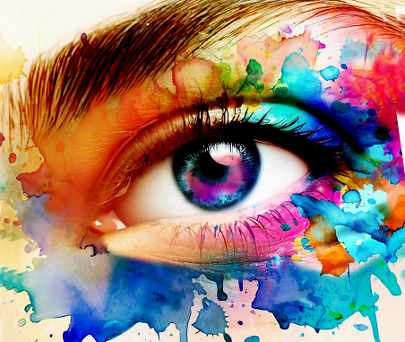 Woman eye made colorful watercolor splashes