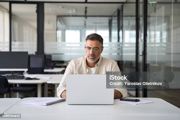 Mature Latin Business Man Ceo Trader Using Computer Working In Modern Office Stock Photo - Download Image Now