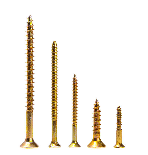 Five screws horisontally aligned. Isolated stock photo