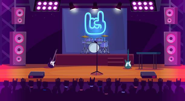 концертная сцена в мультяшном стиле с музыкальными инструментами рок-группы и поклонниками - platform rocker stock illustrations