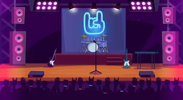 Vector illustration of Cartoon style concert stage with musical instruments of a rock band and fans