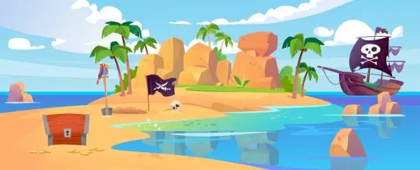Vector illustration of Tropical island with a pirate ship and a treasure chest. Vector game background