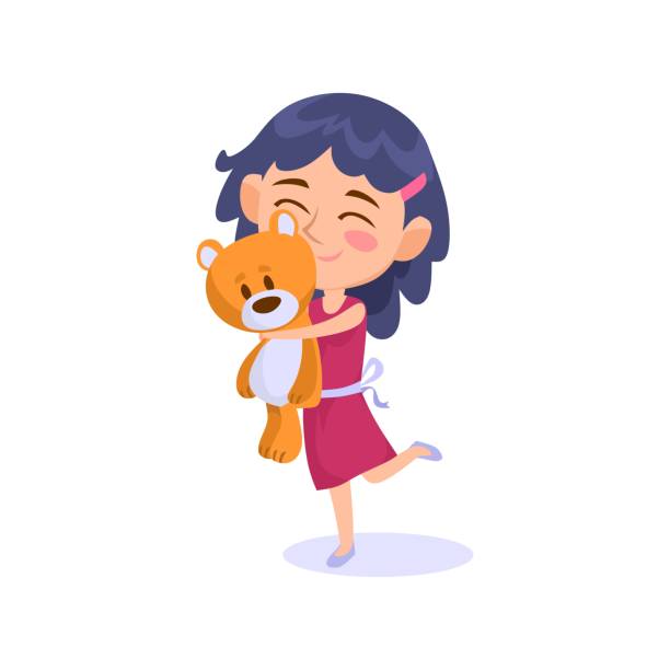 ilustrações, clipart, desenhos animados e ícones de menina adorável abraçando seu ursinho de pelúcia de brinquedo isolado no fundo branco - i love you cartoon love little girls