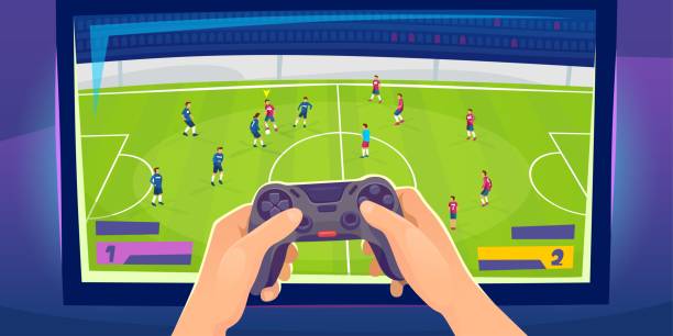 ilustrações, clipart, desenhos animados e ícones de mãos gamer com um controle de console. jogando jogo de futebol em uma tela grande - football human hand holding american football