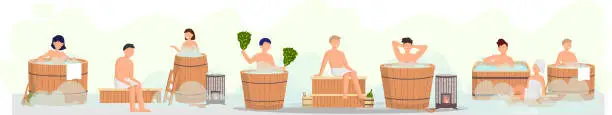 Vector illustration of Sauna and steam room. Set of people in sauna. People relax and steam with birch brooms in banya