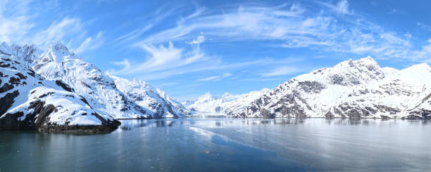 Panoramic Johns Hopkins Glacier, Glacier Bay National Park, Alaska. stock photo