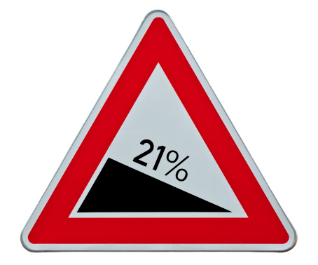 Road warning sign of very steep 21% slope, clipping path included. White background.