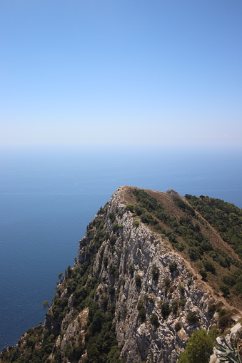 Mountain covered with trees with the sea and a clear blue sky in the background, Capri, Italy.