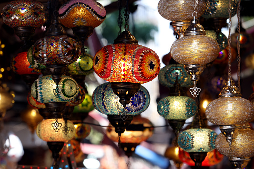 Eastern lamp. Oriental lamps shop as an abstract ethnic background.