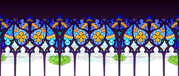 istock Stained glass decoration. Seamless pattern ornament. Style of Gothic windows. Print for fabric, wallpaper, background, banner, design. Vector illustration. 1490776357