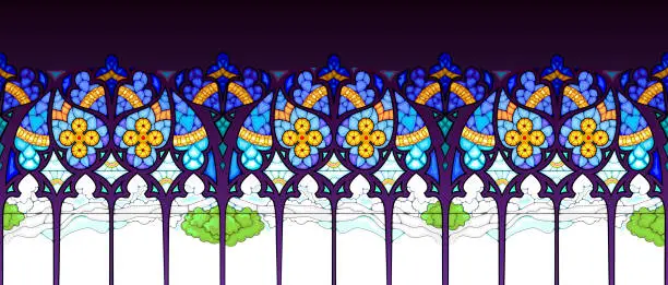 Vector illustration of Stained glass decoration. Seamless pattern ornament. Style of Gothic windows. Print for fabric, wallpaper, background, banner, design. Vector illustration.