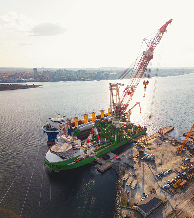 Aerial view of heavy lift vessels used in the installation of offshore wind farm  projects.