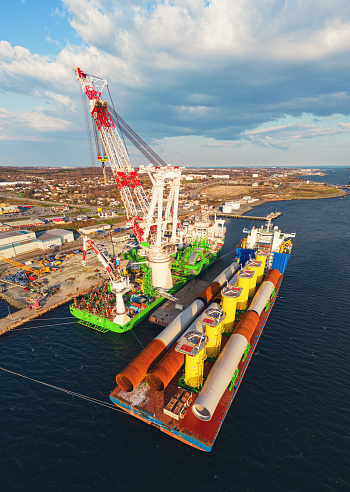 Aerial view of heavy lift vessels used in the installation of offshore wind farm  projects.
