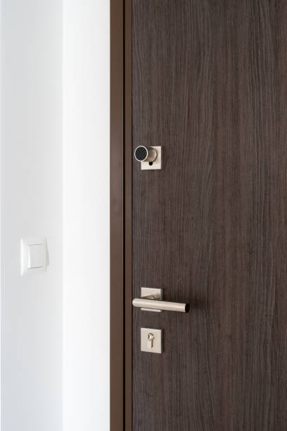 istock Modern home entrance with closed brown door 1490781370