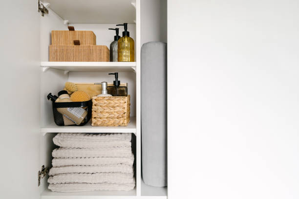 istock boxes with beauty products in wardrobe, organized space at home 1490782080